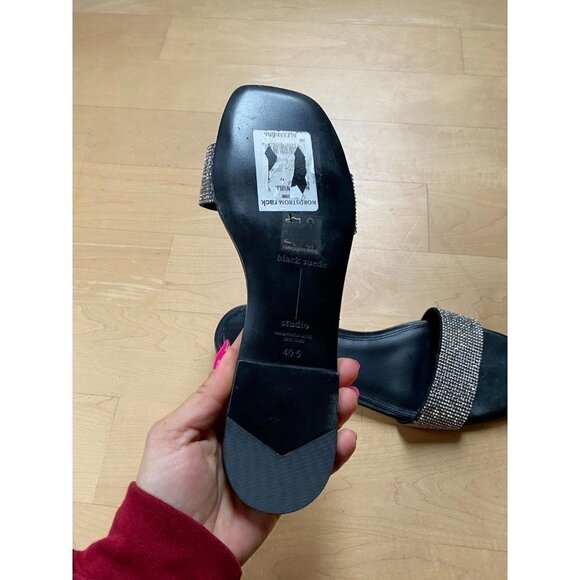 BLACK Suede Studio Women's Slides "Alexandra" Sandals Flats Stones - Picture 5 of 8